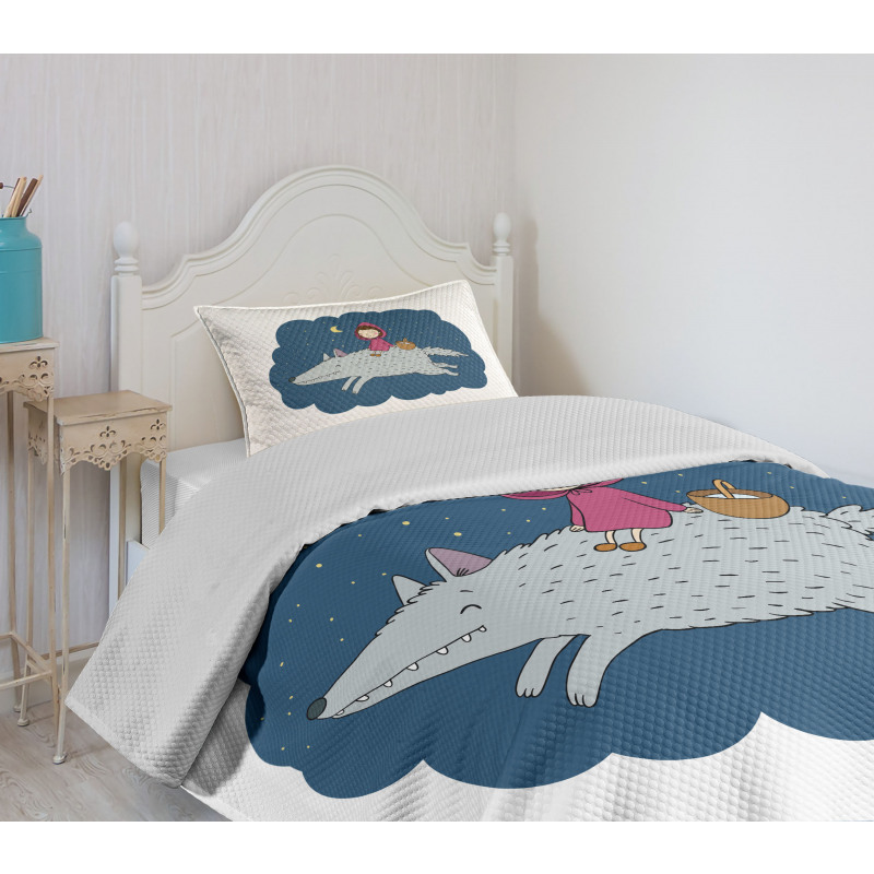 Cartoon Girl on Giant Wolf Bedspread Set