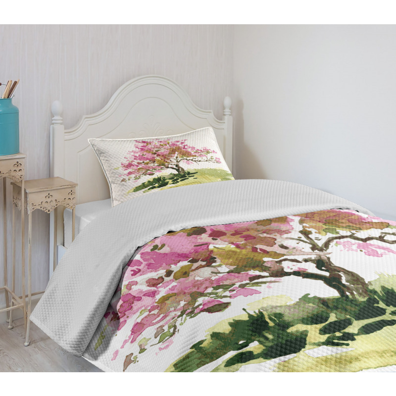 Watercolor Sakura Leaves Bedspread Set