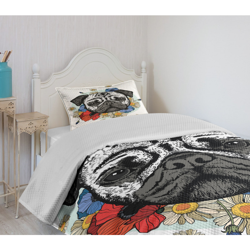 Dog Sketch with Flowers Bedspread Set