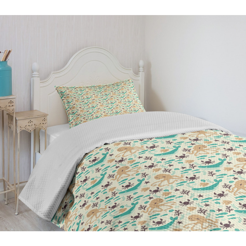 Cartoon Sea Creatures Bedspread Set