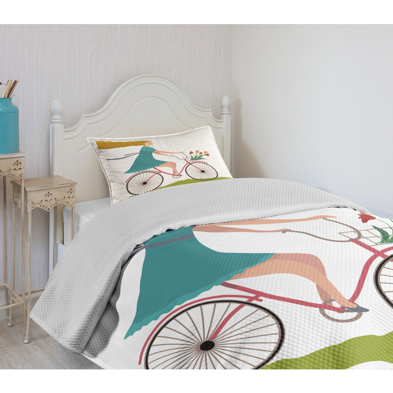 Woman on Bike Tulips Bedspread Set