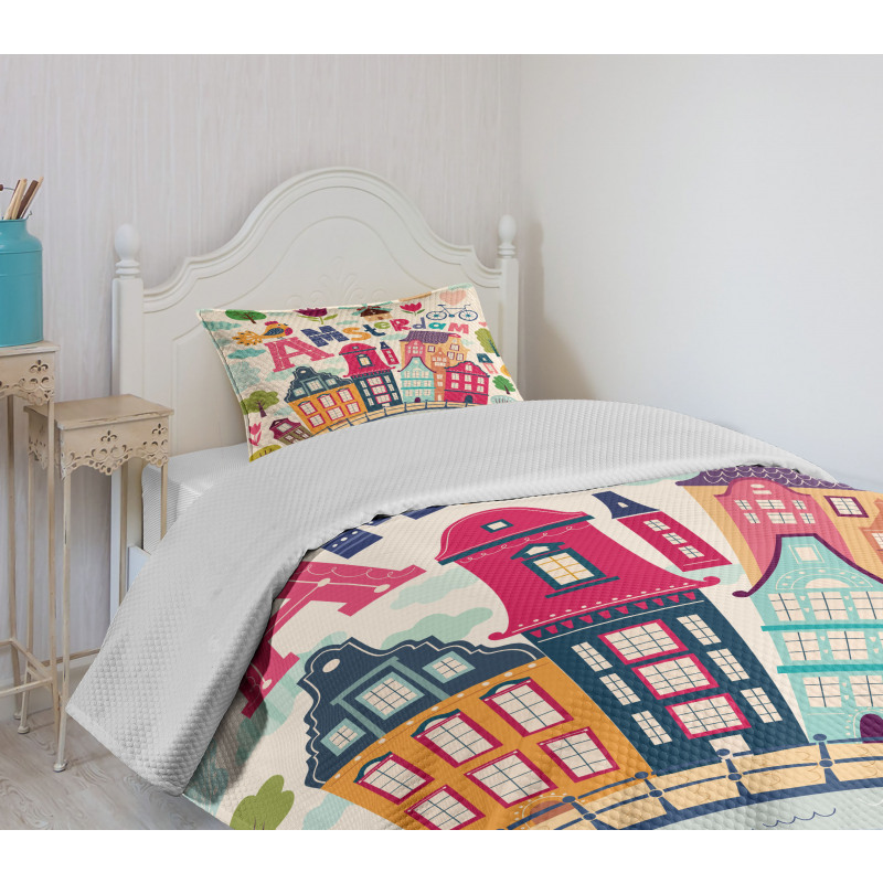 Cartoon Amsterdam Houses Bedspread Set