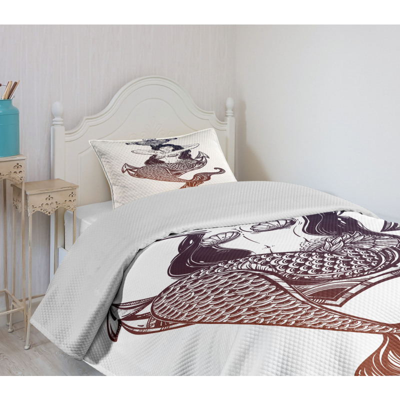 Monochrome Mermaid Motif Bedspread Set