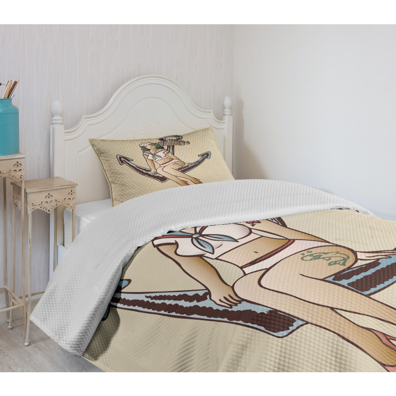 Sailor Pinup Girl Motif Bedspread Set