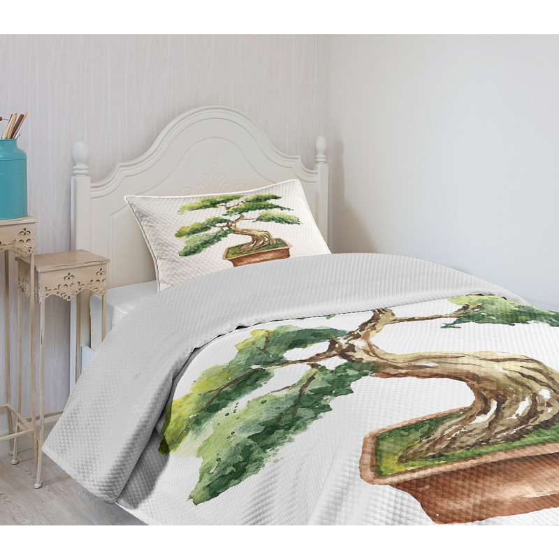 Watercolor Bonsai Hand Drawn Bedspread Set