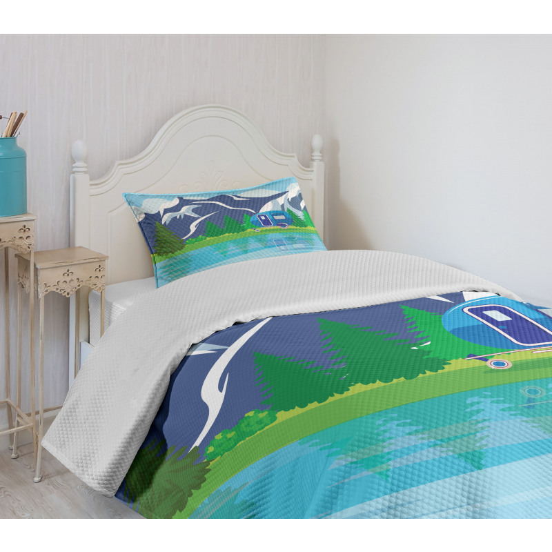 Cartoon Lake Landscape Bedspread Set