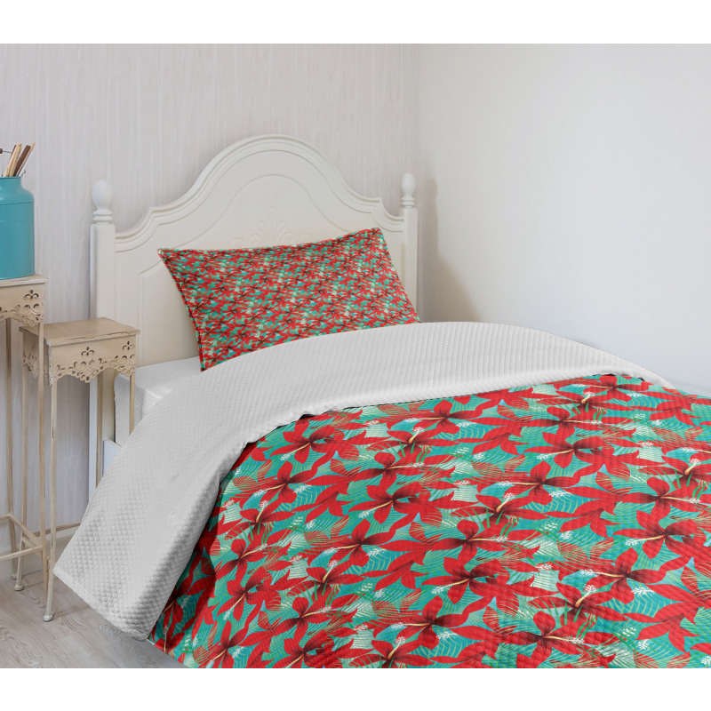 Red Hibiscus Flowers Bedspread Set