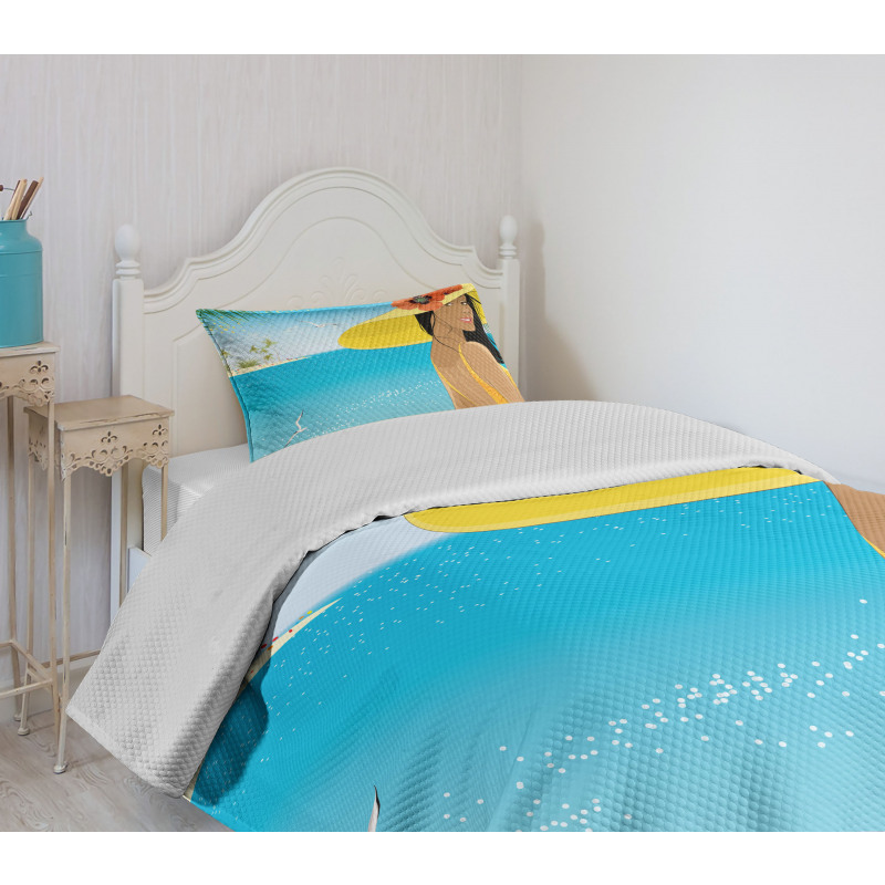 Young Woman Tropical Sea Bedspread Set