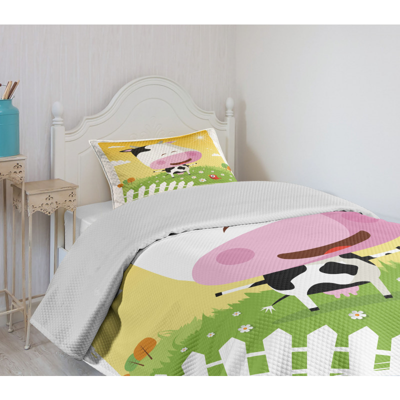 Happy Cartoon Cow Ranch Bedspread Set