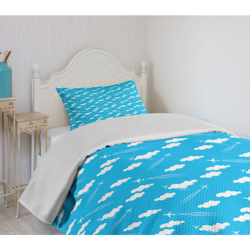 Blue Sky Clouds Planes Bedspread Set