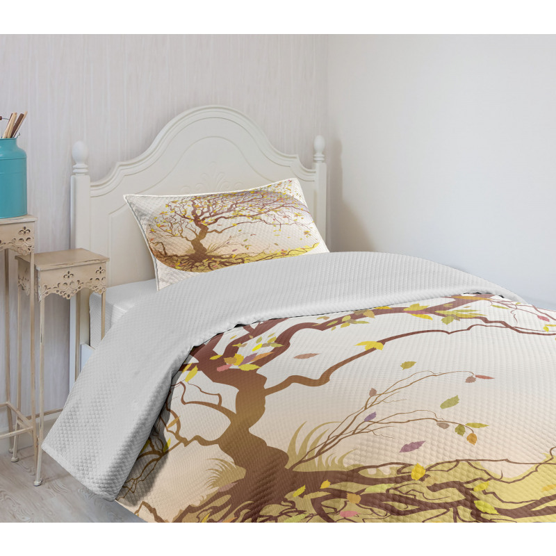 Tree Wind Flying Leaves Bedspread Set