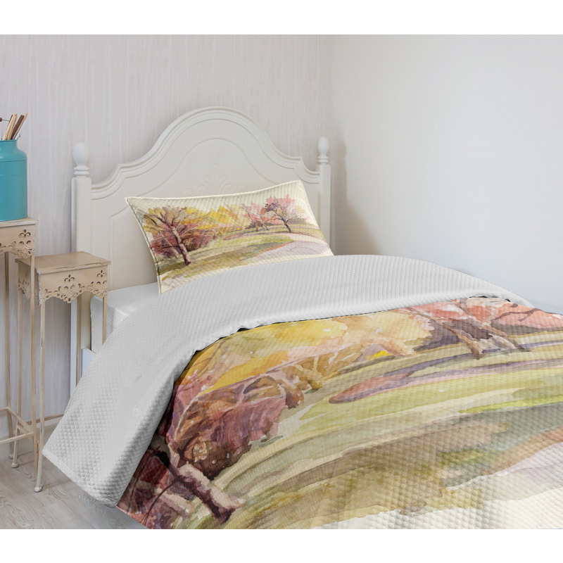 Watercolor Trees and Road Bedspread Set