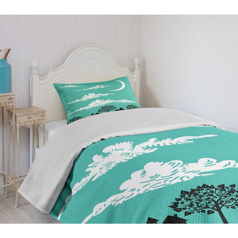 Buildings with Trees Bedspread Set