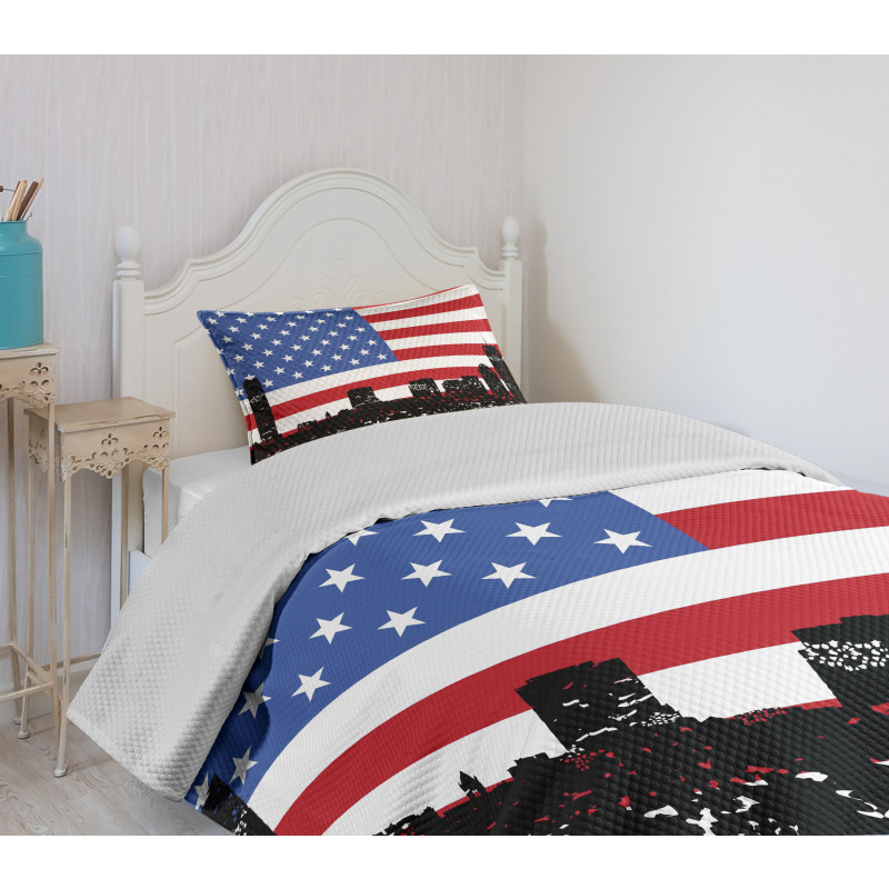 Skyline and US Flag Bedspread Set