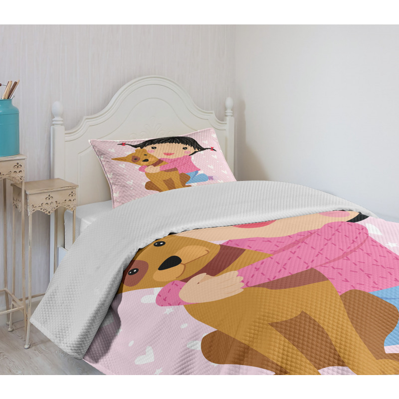 Doodle Girl and Pet Dog Bedspread Set