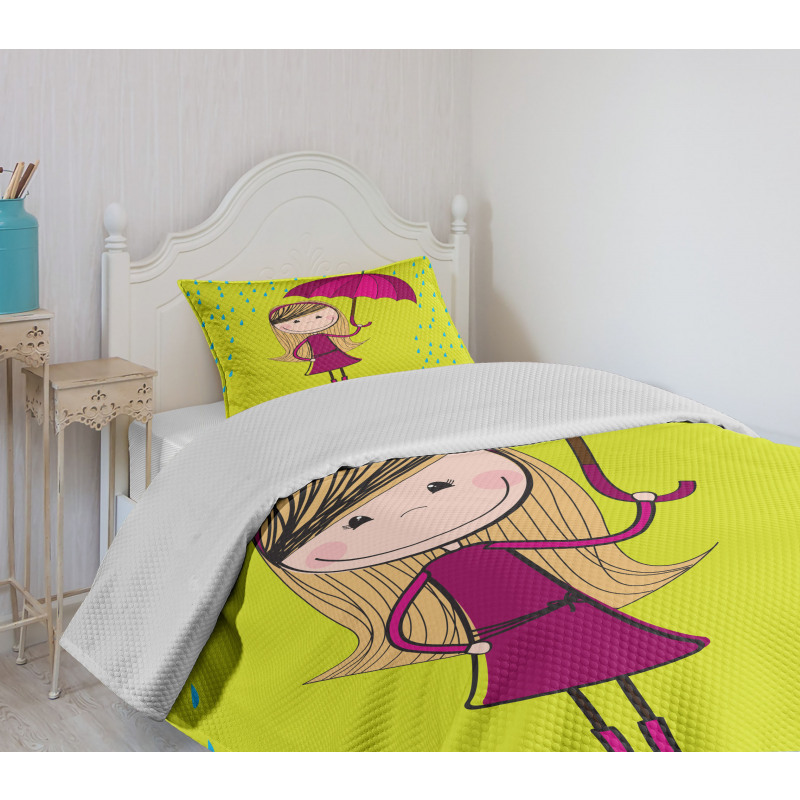 Little Girl Under Raindrop Bedspread Set