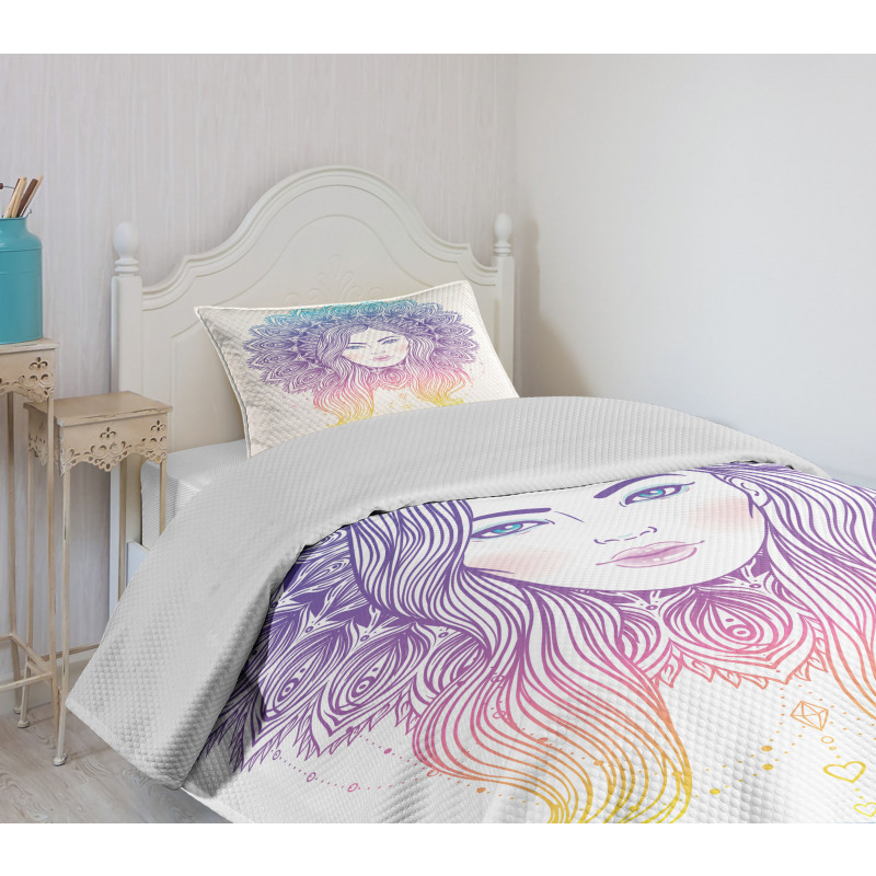 Boho Girl Feather Mandala Bedspread Set