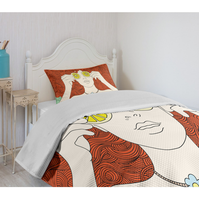 Curly Ginger Hair Girl Lemon Bedspread Set