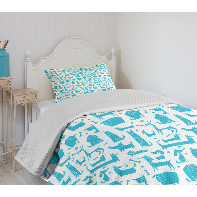 Funny Puppies in Aquatic Tone Bedspread Set