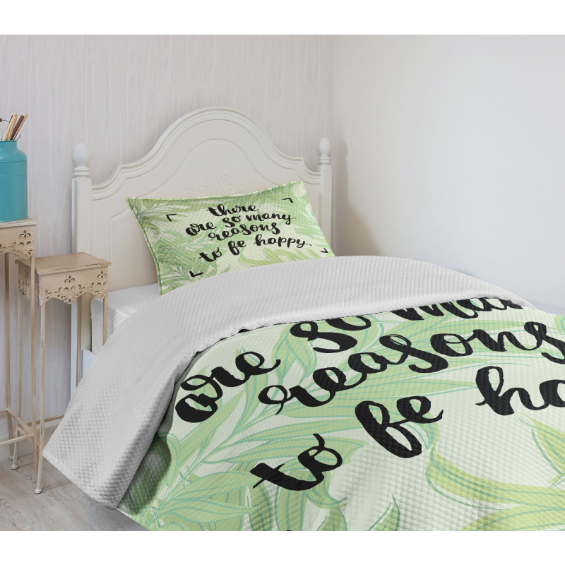 Green Leafy Branches Words Bedspread Set