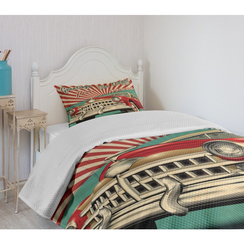 Greetings Words Retro Car Bedspread Set