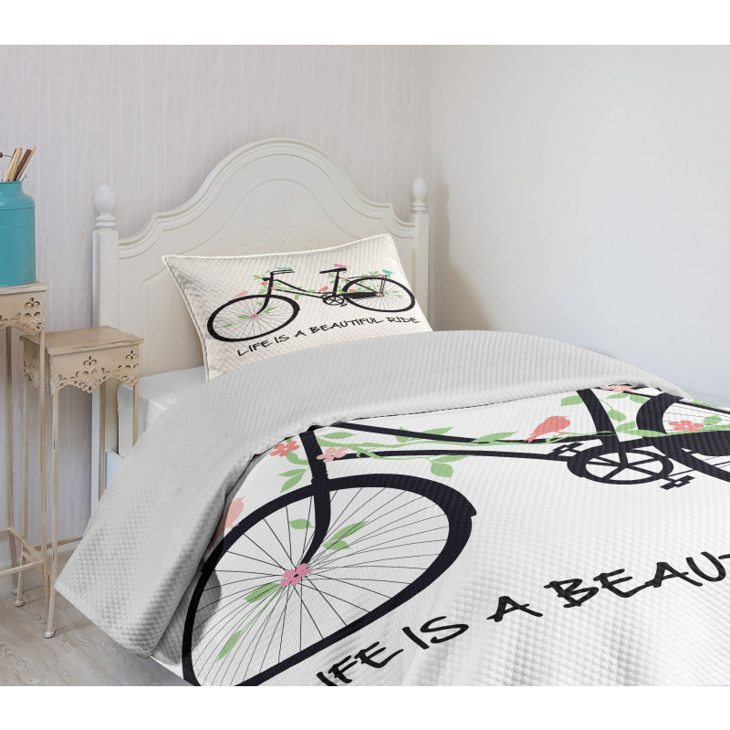 Vintage Bike Flowers Birds Bedspread Set