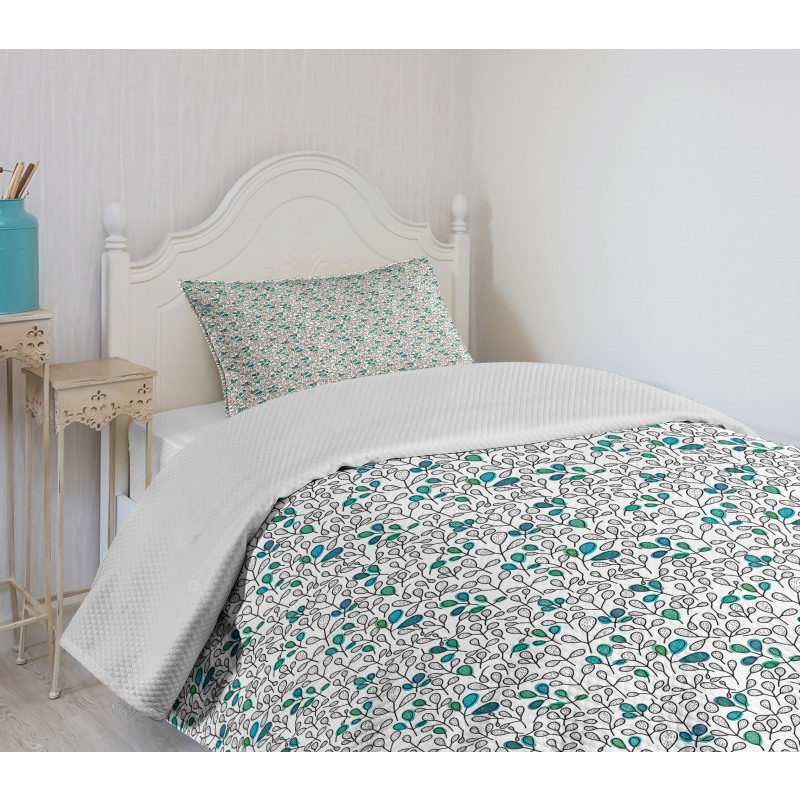 Graphic Doodle Leaves Blue Bedspread Set