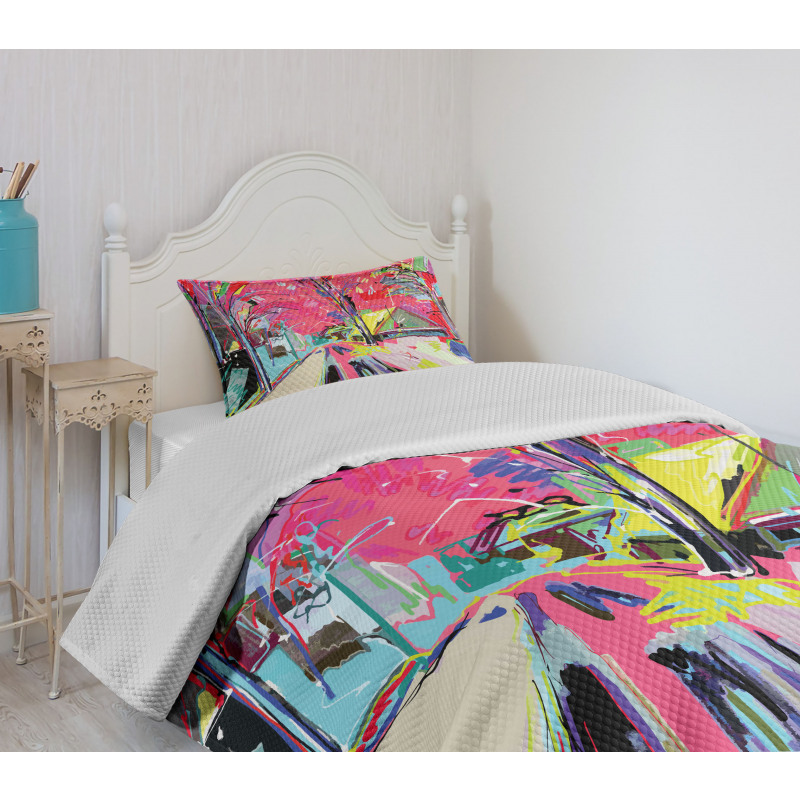 Funky Streets Sketch Trees Bedspread Set