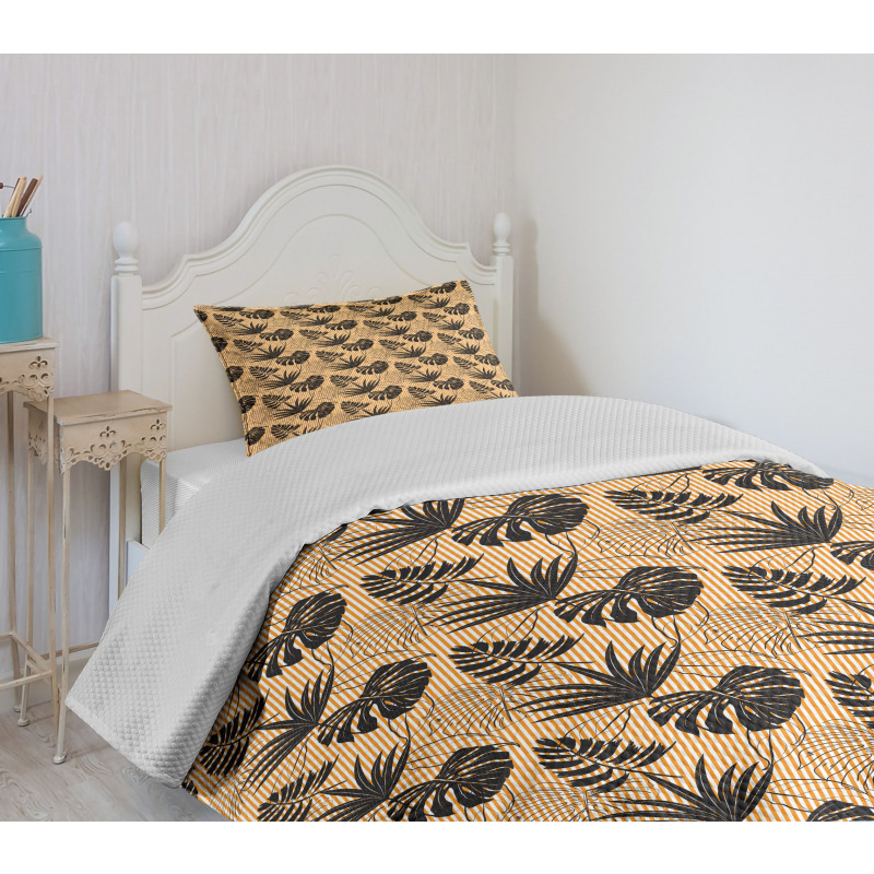 Monstera Plants on Stripes Bedspread Set