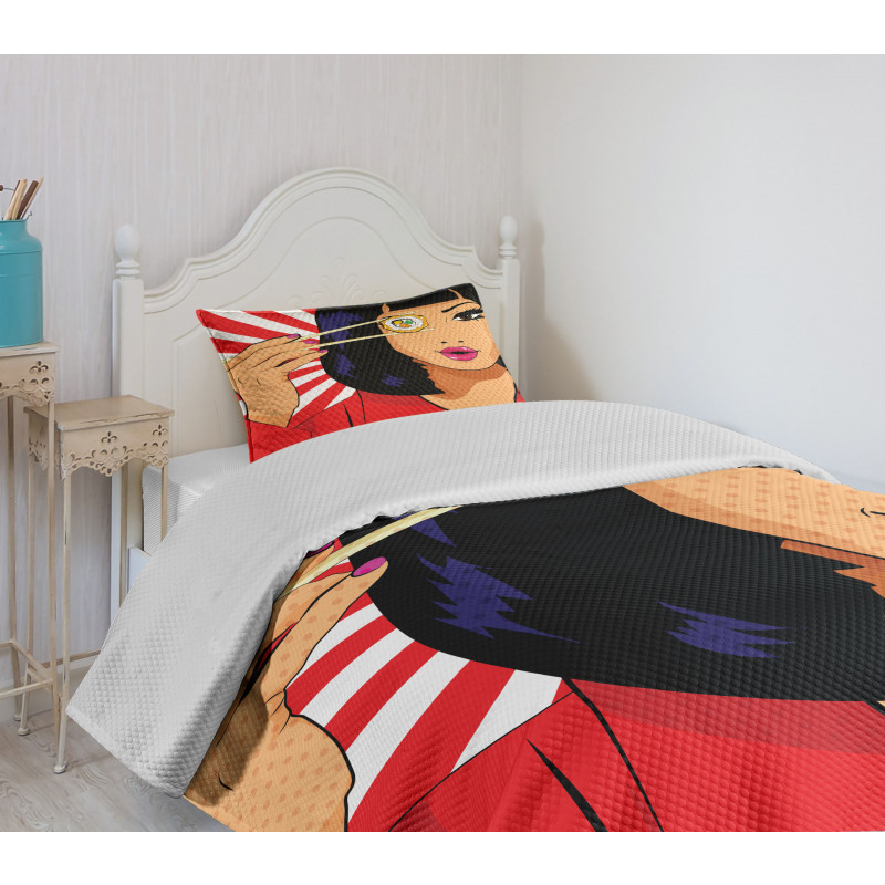 Pop Art Style Girl with Sushi Bedspread Set