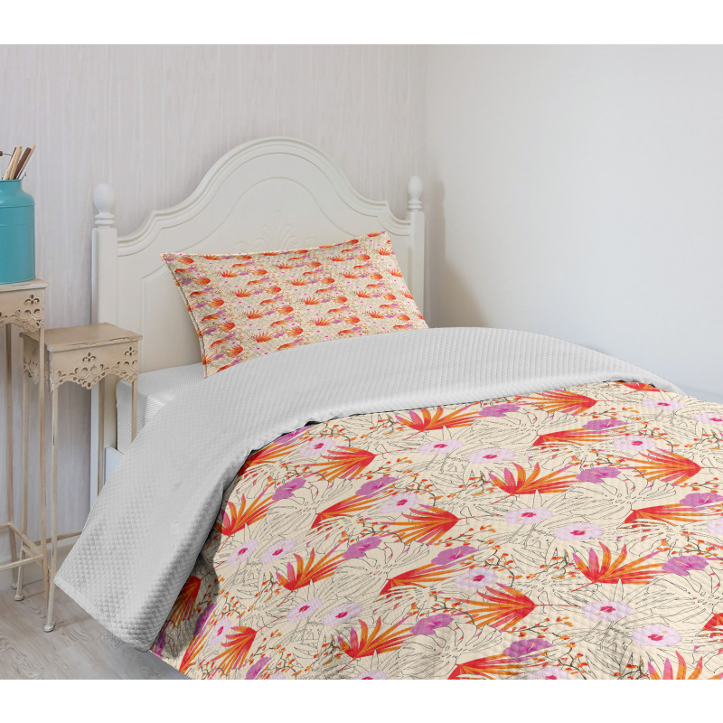 Plants and Hibiscus Flowers Bedspread Set