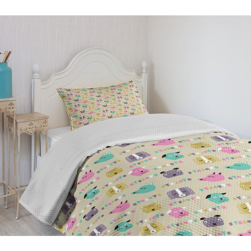 Cartoon Style Animal Faces Bedspread Set