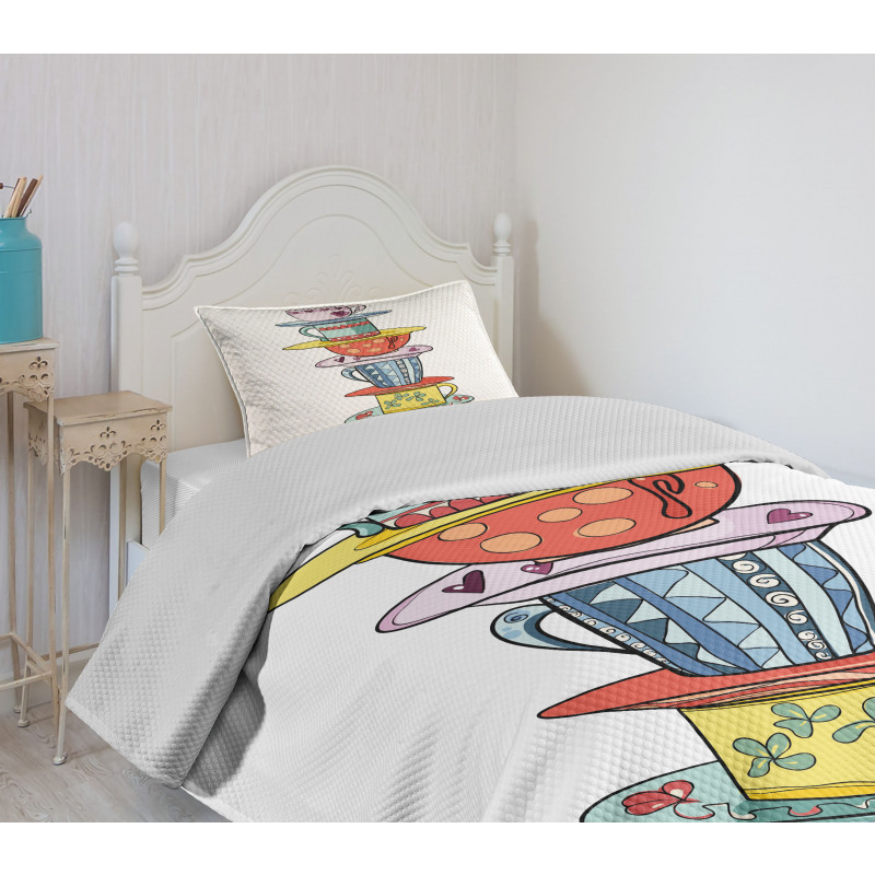 Hand Drawn Art Colorful Cups Bedspread Set