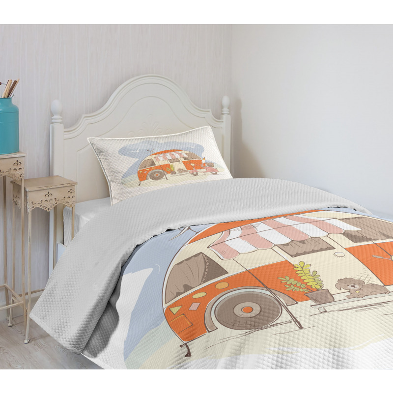 Parked Truck Puppy and Motorbike Bedspread Set