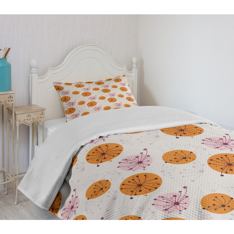 Pink Orange Spots Flowers Bedspread Set