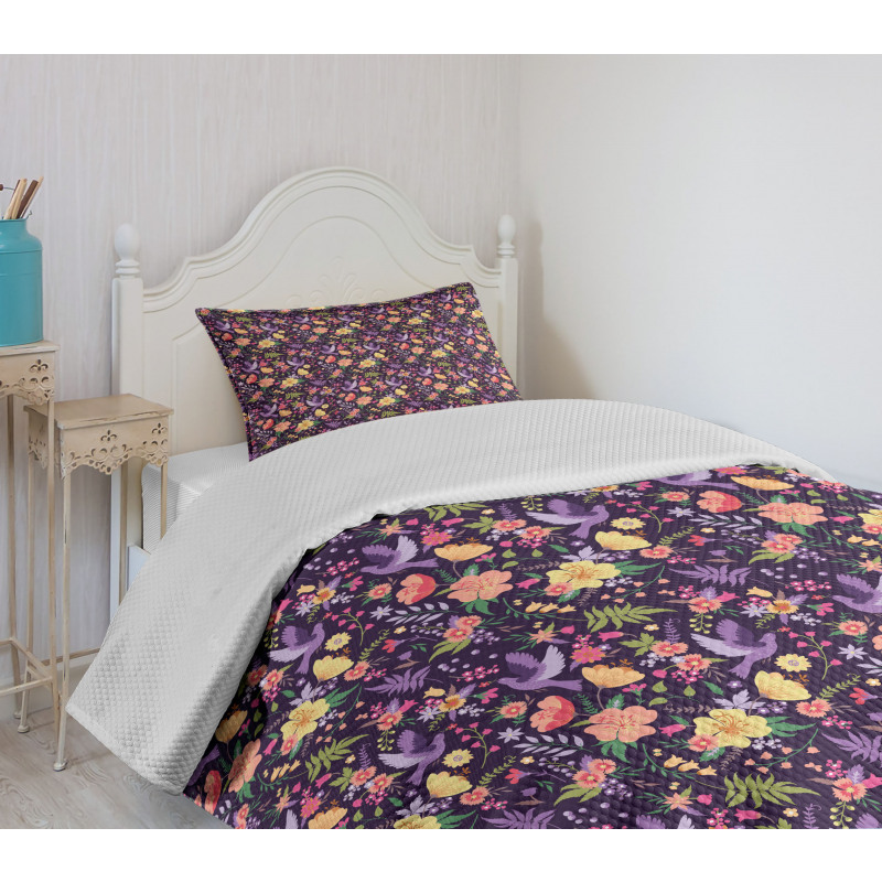 Birds and Colorful Flowers Bedspread Set