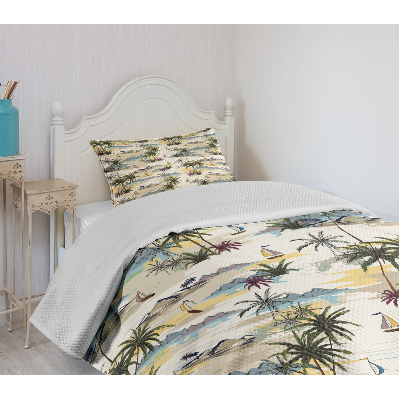 Pastel Hawaii Island Scene Bedspread Set