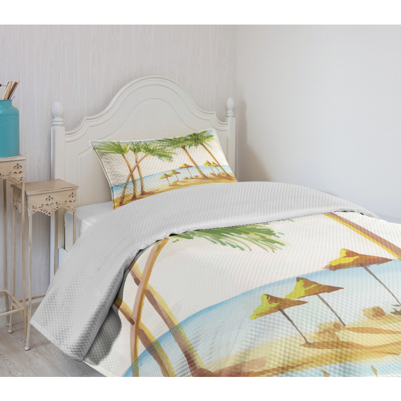 Sandy Beach and Palm Trees Bedspread Set