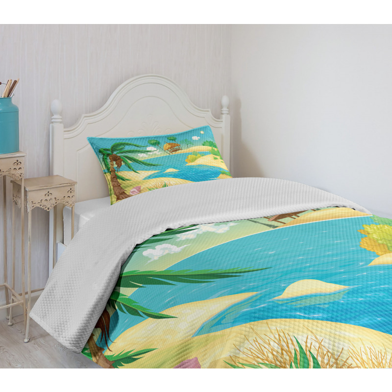 Beach View Cartoon Design Bedspread Set