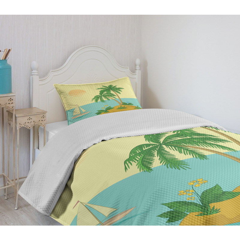 Tropical Palm Tree and Boat Bedspread Set