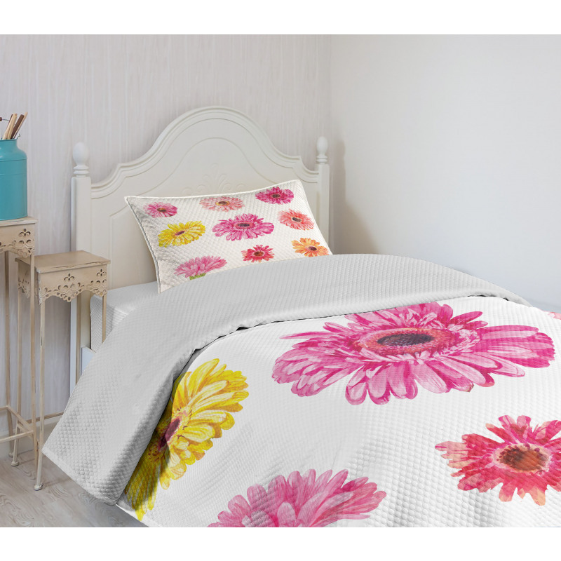 Pink Yellow Flowers Bedspread Set
