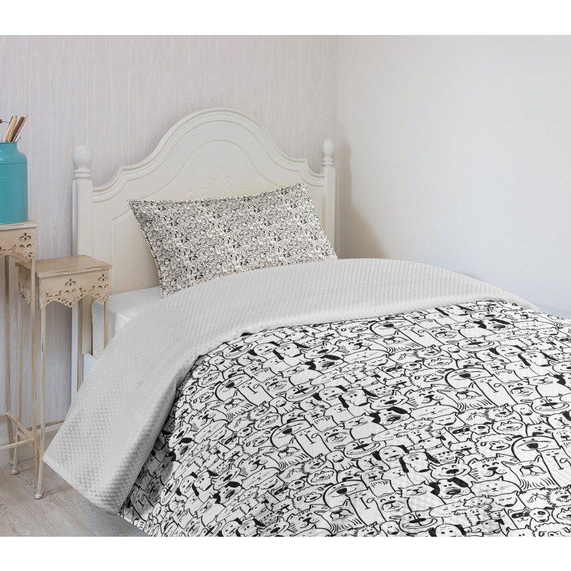 Monochrome Doodle Art Animals Bedspread Set