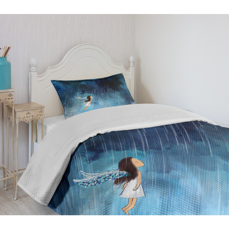 Flying Girl Rainy Sky Bedspread Set