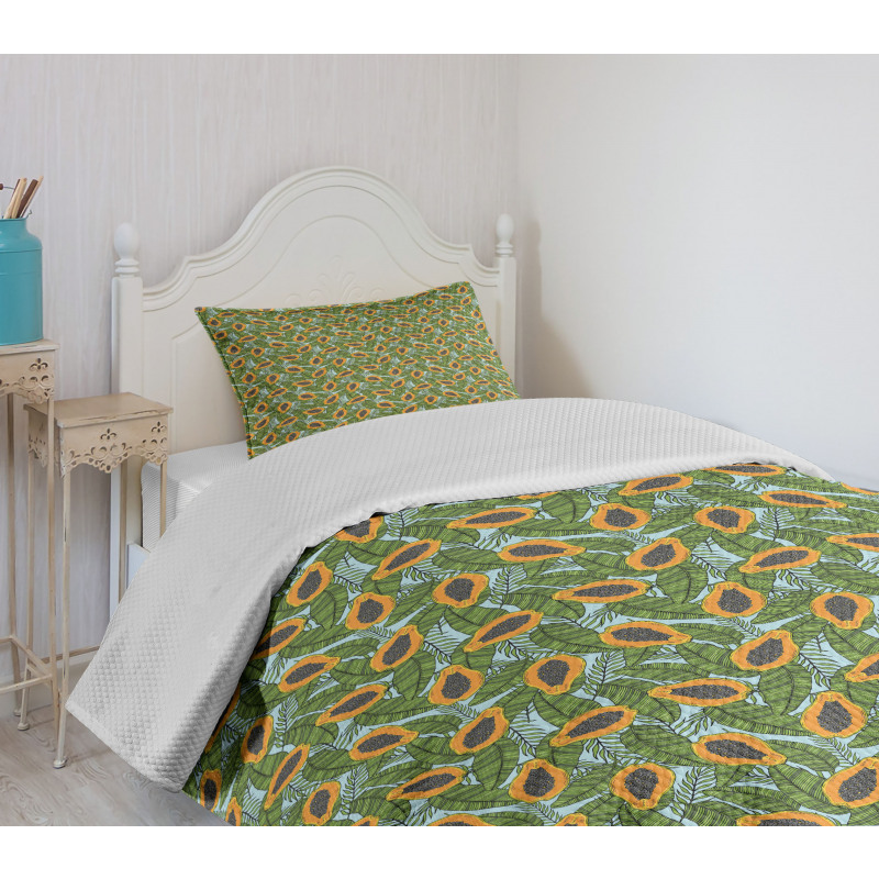 Halved Tropic Fruits Leaves Bedspread Set