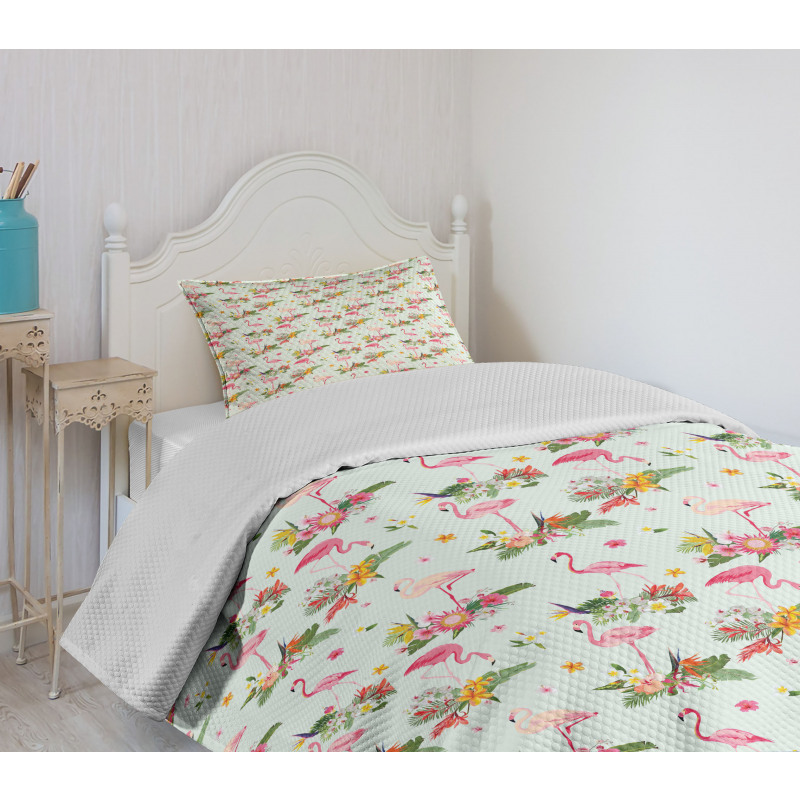 Exotic Flamingo Foliage Art Bedspread Set