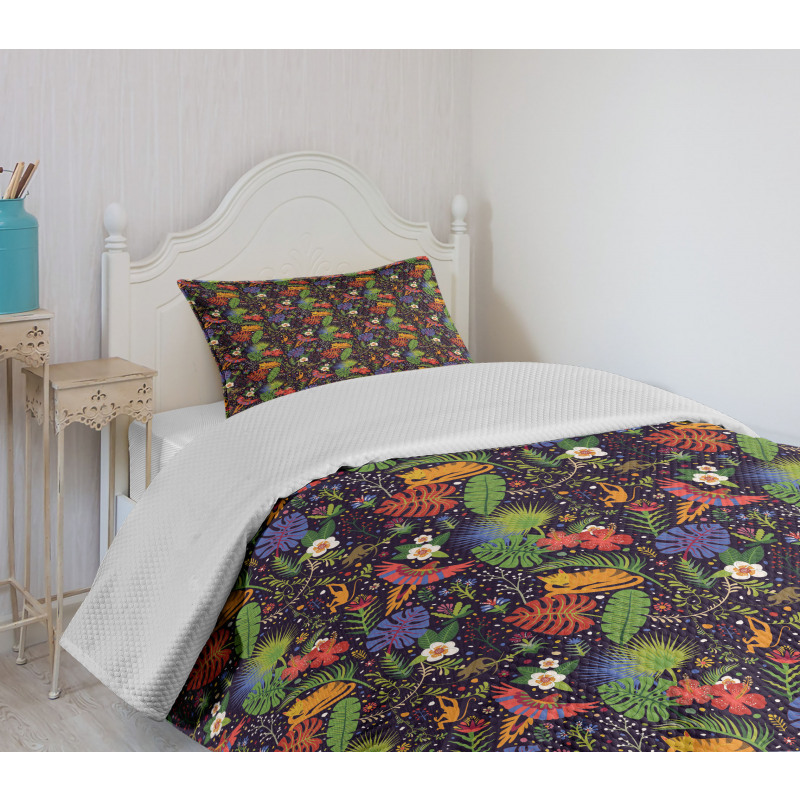 Monkeys Parrots Monstera Bedspread Set