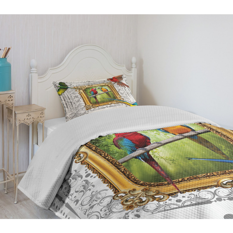 Exotic Colorful Birds Image Bedspread Set