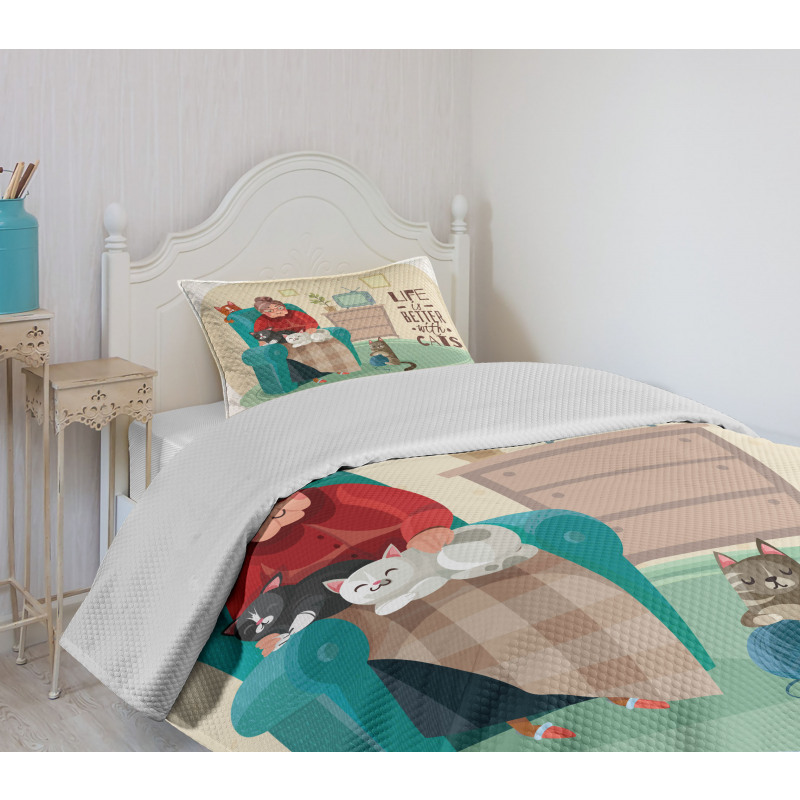 Lady in Armchair and Kitten Bedspread Set