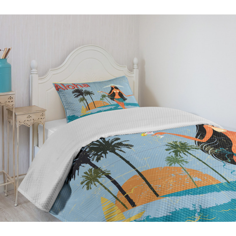 Brunette Hair Hawaiian Lady Bedspread Set