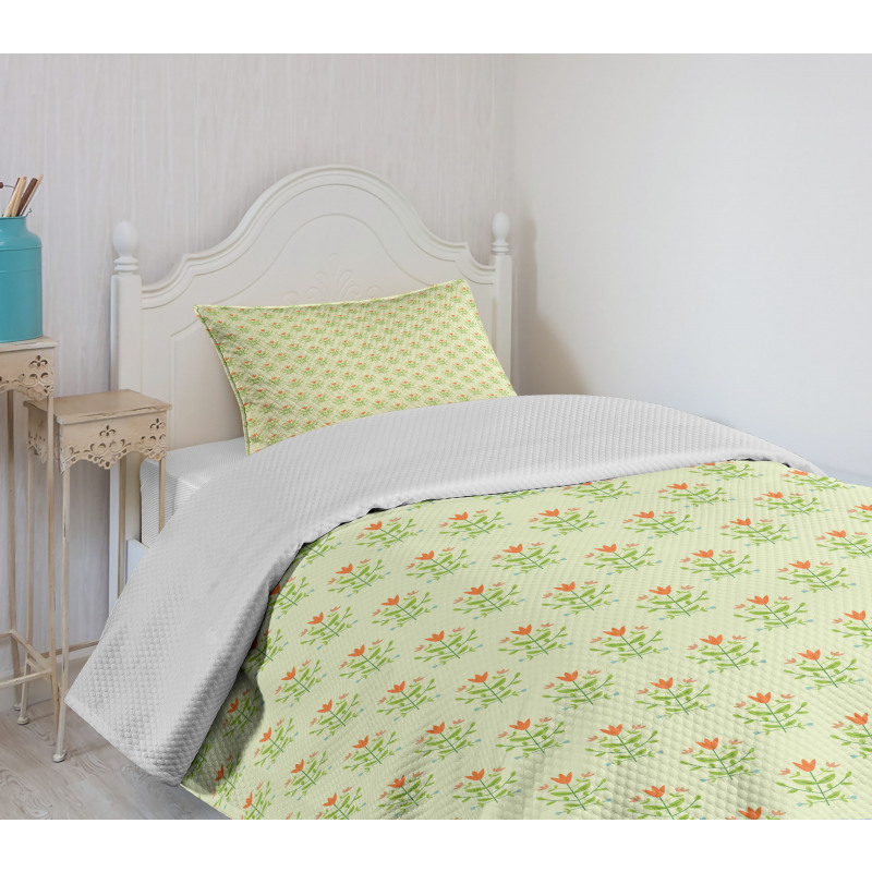 Orange Flower Green Leaf Bedspread Set